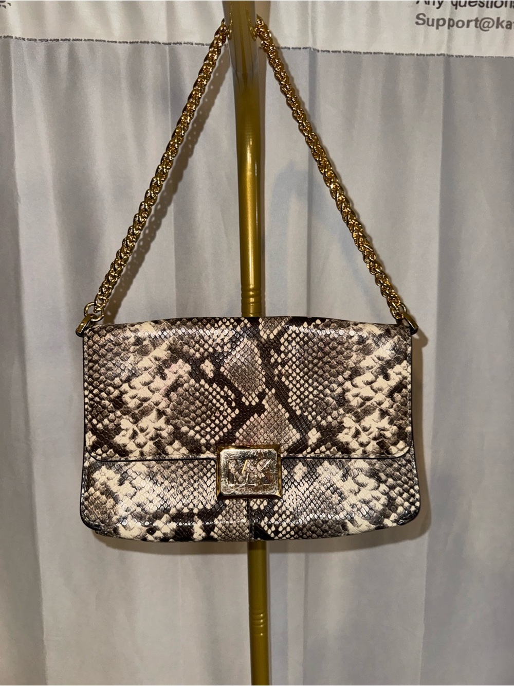 Michael Kors Sonia Snake-Print Shoulder Bag in Brown and Cream with Gold Chain